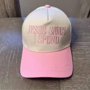 Jesus Saves I Spend Adjustable Pink and White Embroidered Hat